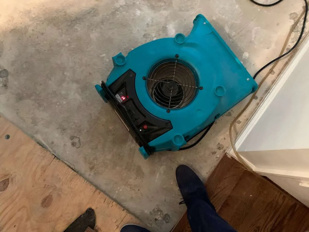 Air mover drying subfloor during Leak Detection & Repair in Ashtabula